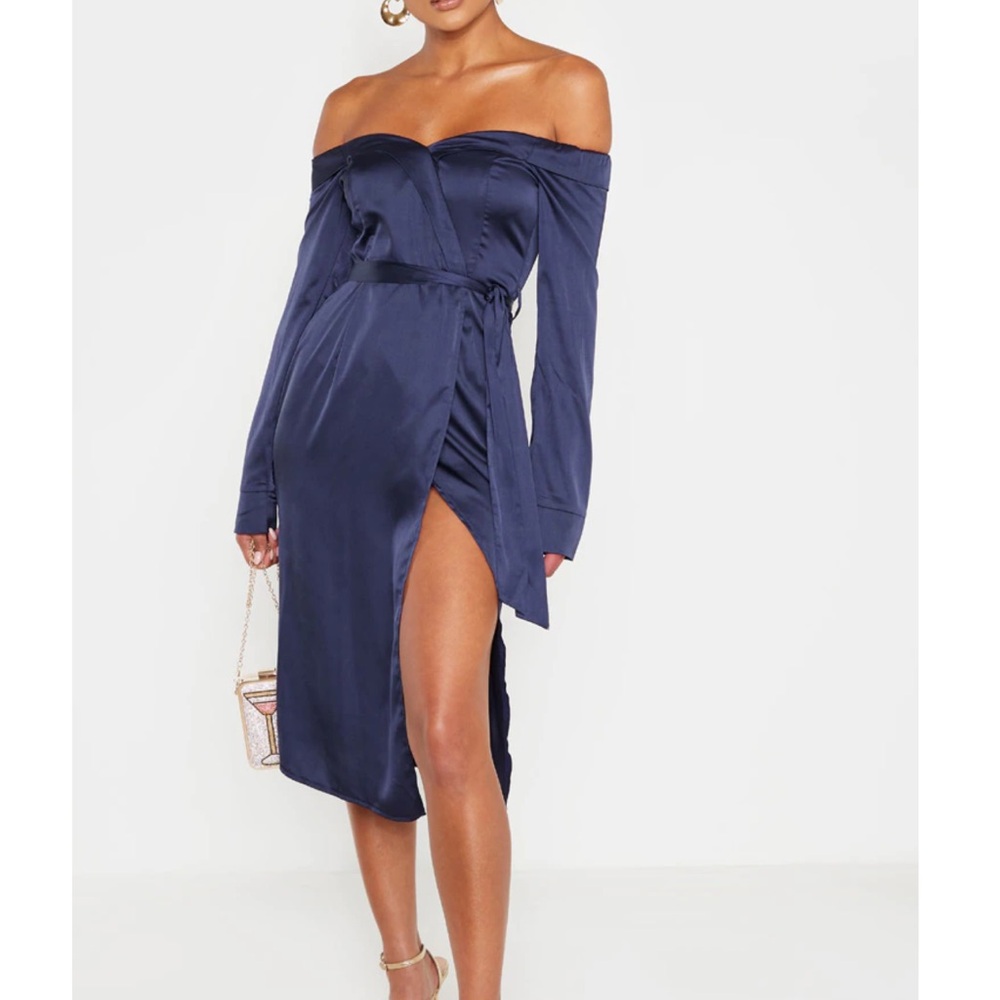 Navy Satin Wrap Midi Dress